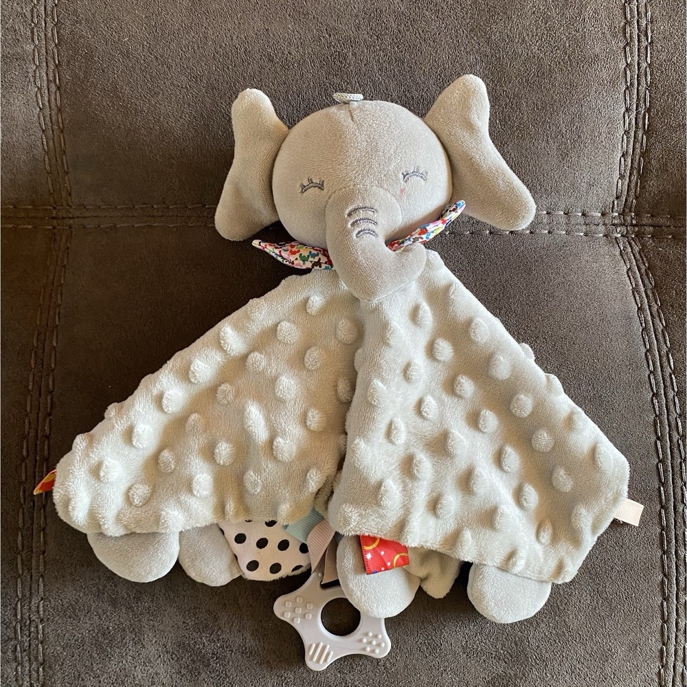 JellyBean Elephant Gray Lovey Security Blanket Minky Crinkle Teether ribbon loop